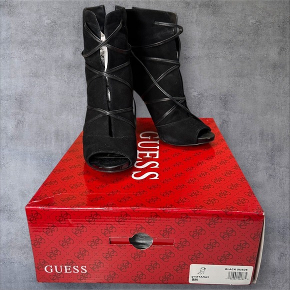 GUESS Wayana3 Black Suede Lace-Up Peep Toe Stiletto Booties Women's Size 8M - Picture 1 of 16